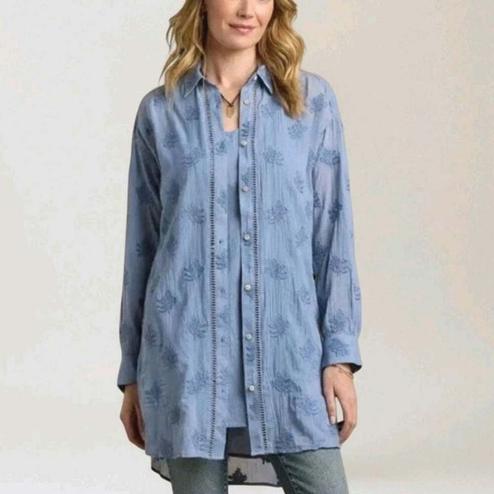 Sundance Cotton Cloverfield Embroidered Tunic Button Front Shirt Blue Boho M